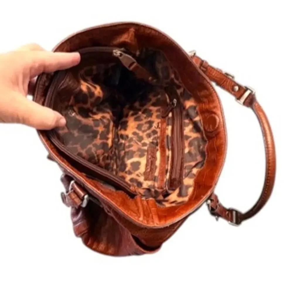 B Makowsky Brown Leather Satchel Croc Embossed Shoulder Bag Large Designer Tote